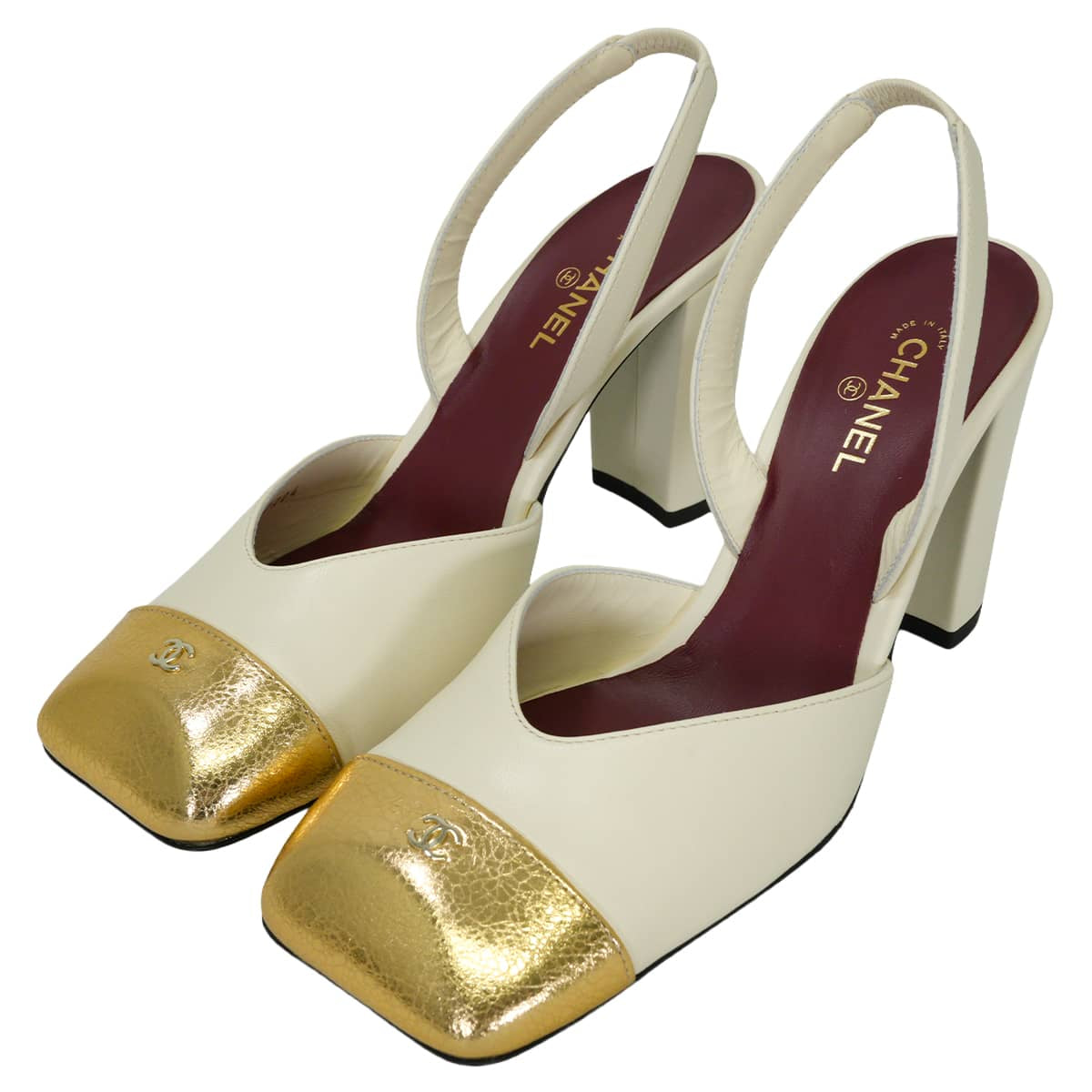 2026SS NEW CHANEL pumps Square-toe thrilling back shoes COCO Mark Ivory/Gold Calfskin #37 Champagne Gold HW G47204[EXCELLENT][Authentic]