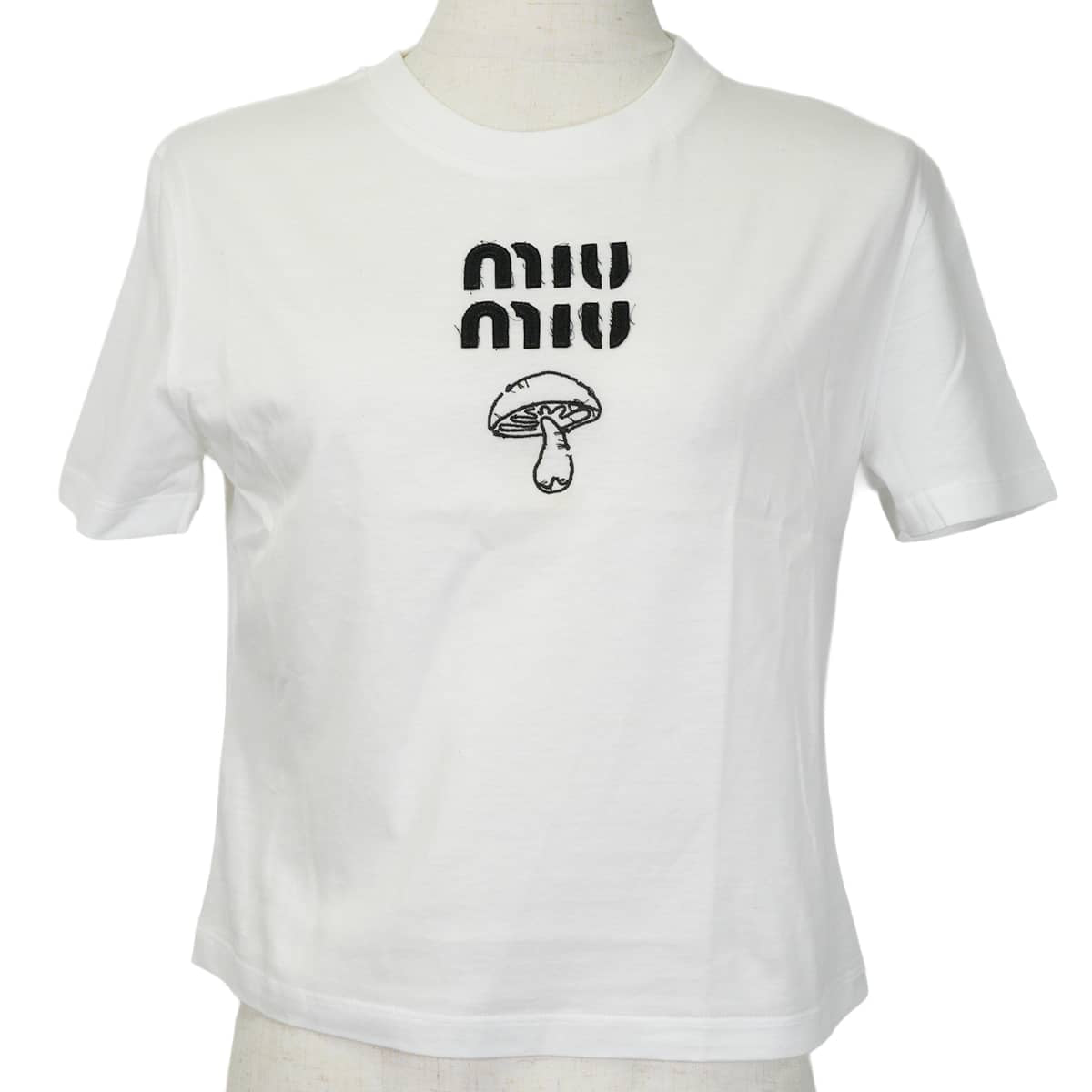 2023AW Miu Miu Short sleeve t shirt Logo Mushroom Blanc (White)/Noir (Black) Cotton #XS MJN495[EXCELLENT][Authentic]