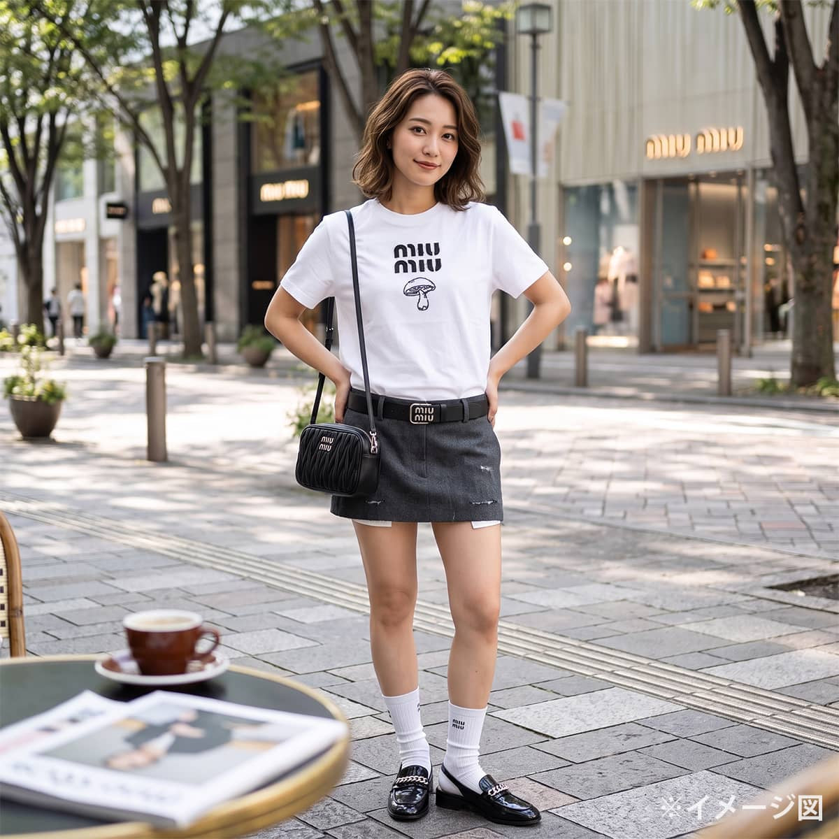 2023AW Miu Miu Short sleeve t shirt Logo Mushroom Blanc (White)/Noir (Black) Cotton #XS MJN495[EXCELLENT][Authentic]