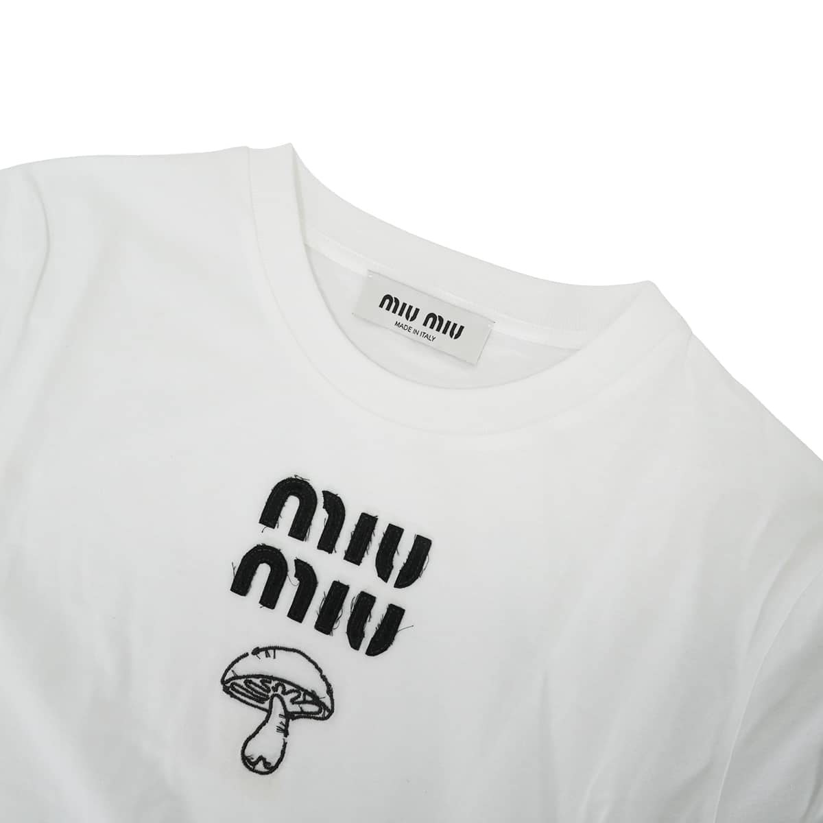 2023AW Miu Miu Short sleeve t shirt Logo Mushroom Blanc (White)/Noir (Black) Cotton #XS MJN495[EXCELLENT][Authentic]