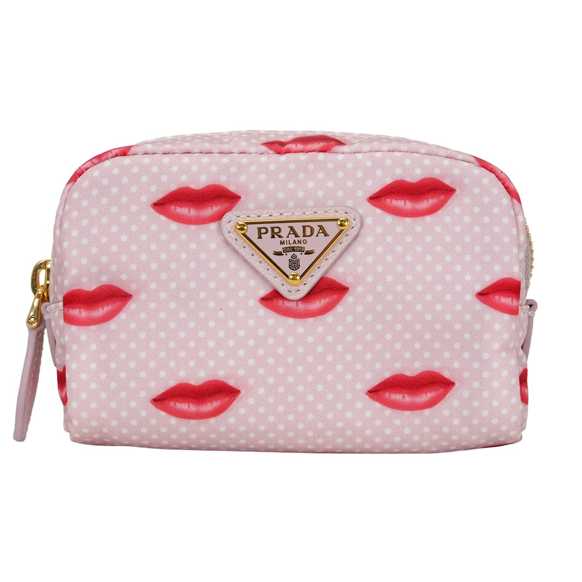 2025AW PRADA Pouch Re_Nylon Micro Lip Motif Dot Pink/Red Recycle Polyamide Gold HW IND339[EXCELLENT][Authentic]