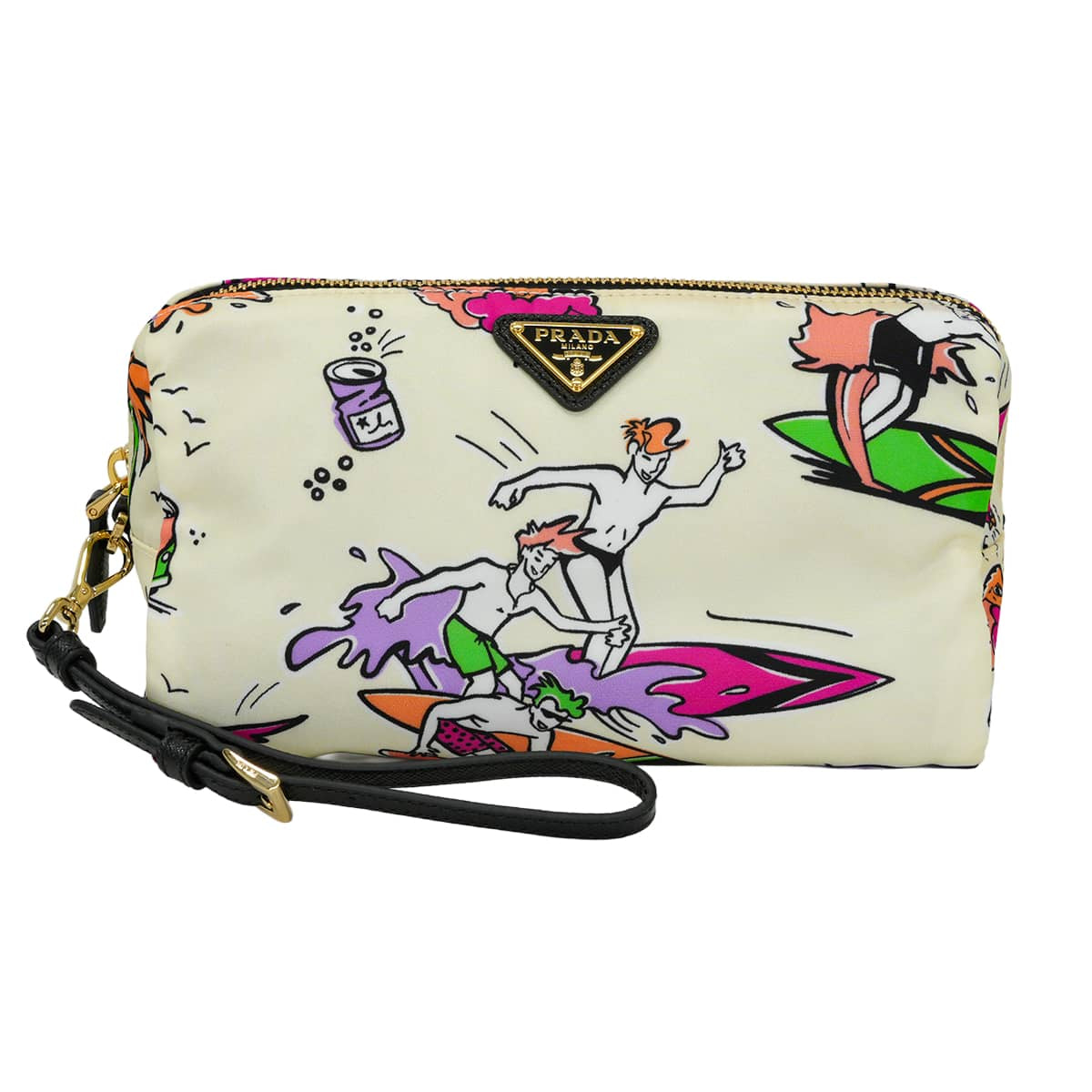 2018SS PRADA Pouch Re_Nylon with strap Iconic Medium Blanc (White)/Multicolor Recycle Polyamide Gold HW 1NS693[EXCELLENT][Authentic]