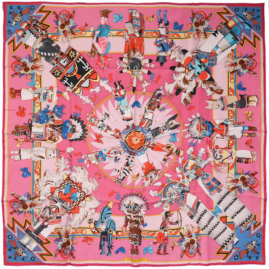 2019AW HERMES scarf Carre 90 Wash Kachina Rose/Blue/Coral Silk100%[EXCELLENT][Authentic]