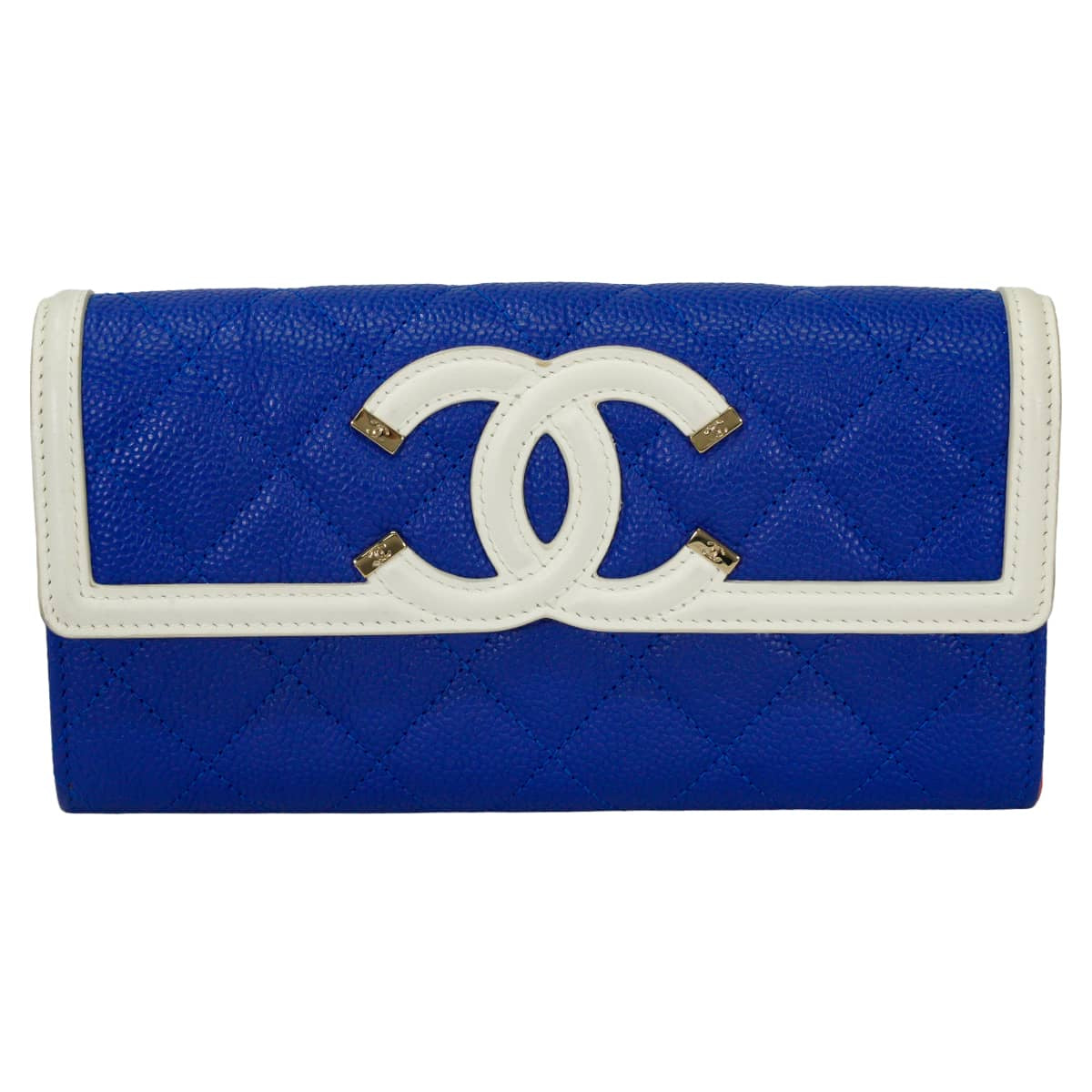 [Pre-loved] CHANEL long wallet Filigree Matelasse Big COCO Mark Flap Blue/Blanc (White)/Red Graind Calf(Caviarskin) Calf Gold HW A84448[LIKE NEW][Authentic]
