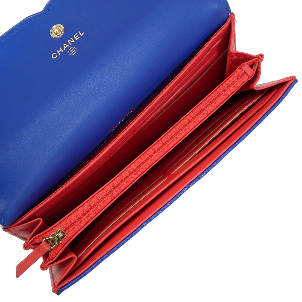 [Pre-loved] CHANEL long wallet Filigree Matelasse Big COCO Mark Flap Blue/Blanc (White)/Red Graind Calf(Caviarskin) Calf Gold HW A84448[LIKE NEW][Authentic]