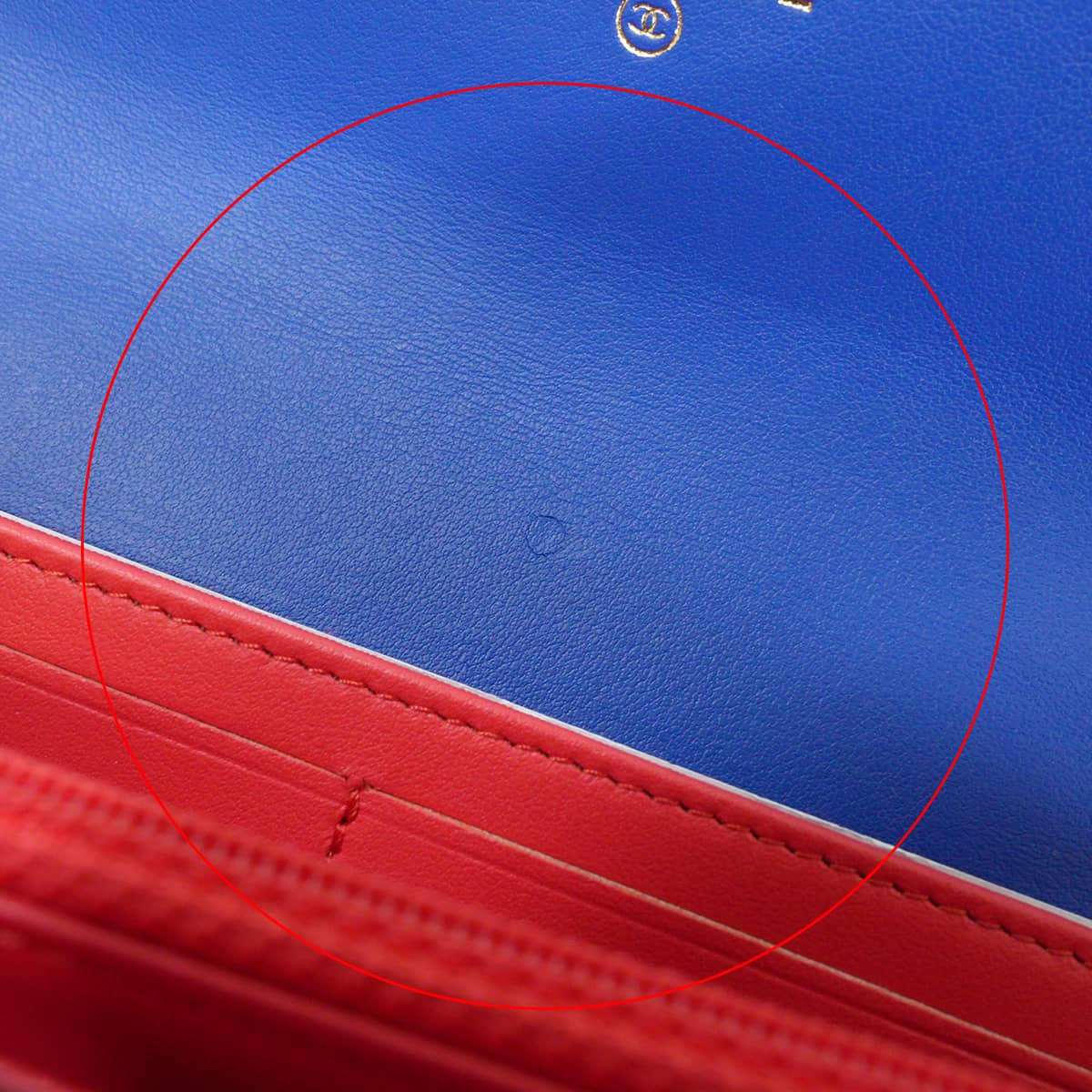 [Pre-loved] CHANEL long wallet Filigree Matelasse Big COCO Mark Flap Blue/Blanc (White)/Red Graind Calf(Caviarskin) Calf Gold HW A84448[LIKE NEW][Authentic]