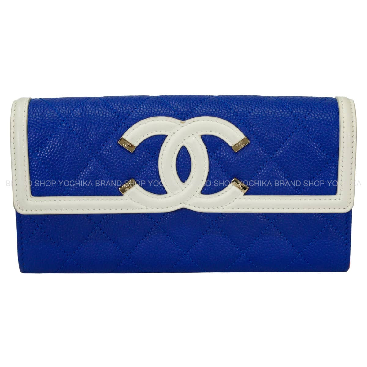 [Pre-loved] CHANEL long wallet Filigree Matelasse Big COCO Mark Flap Blue/Blanc (White)/Red Graind Calf(Caviarskin) Calf Gold HW A84448[LIKE NEW][Authentic]
