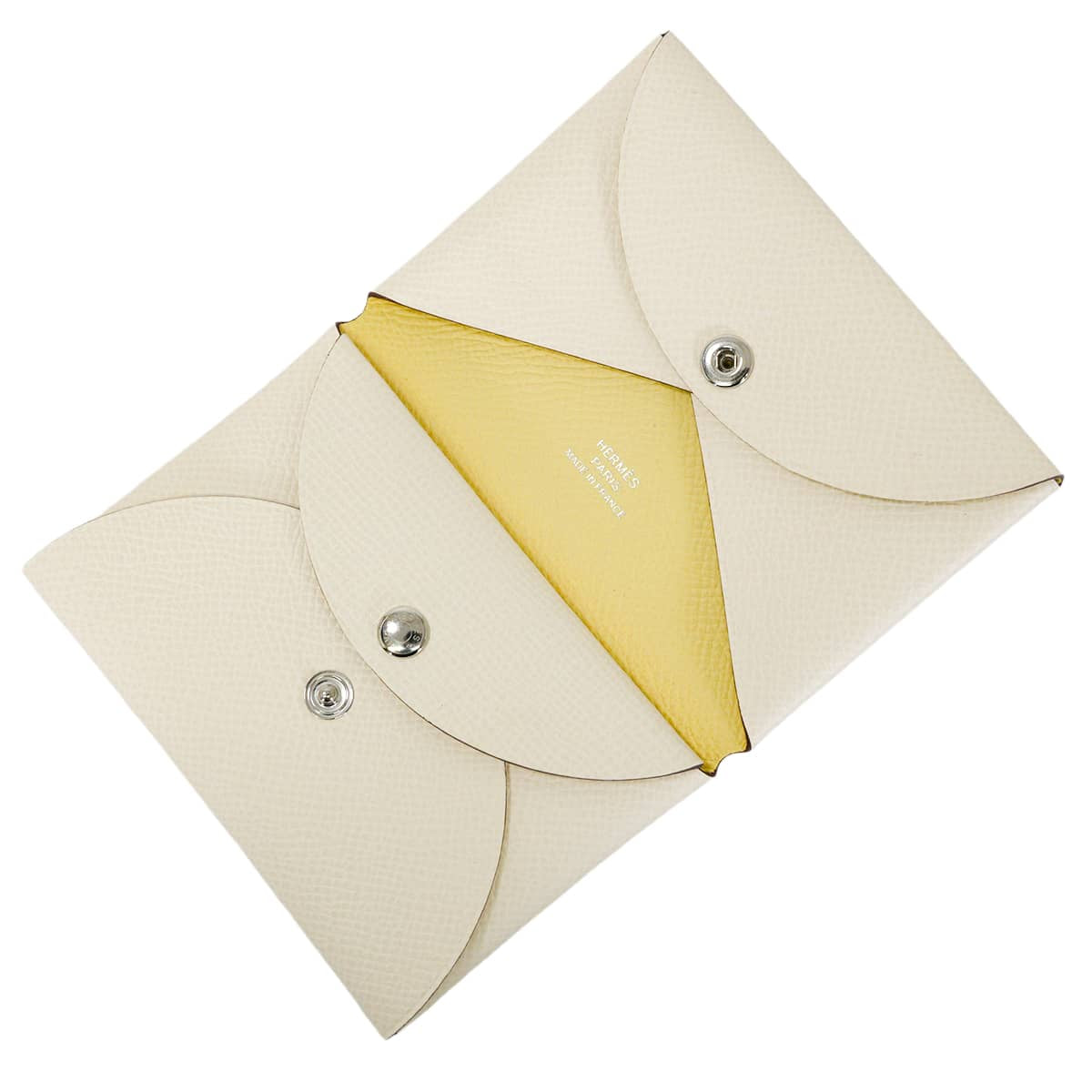 HERMES card holder Calvi Duo Verso Nata/Jaune Poussin Veau Epsom Silver HW Stamp Z[EXCELLENT][Authentic]
