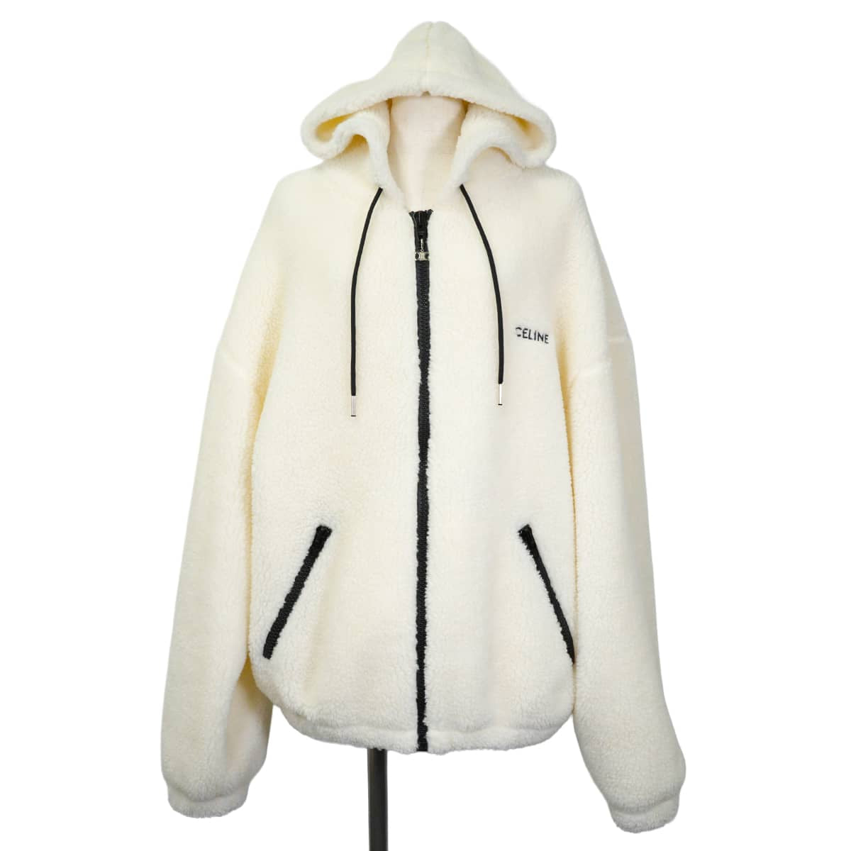 [Pre-loved] CELINE Hooded sweatshirt Logo fleece zip-up Loose hoodie (Eddie era) Blanc (White) Acrylic/Polyester #M Black HW 2Y905699M.01OB[LIKE NEW][Authentic]