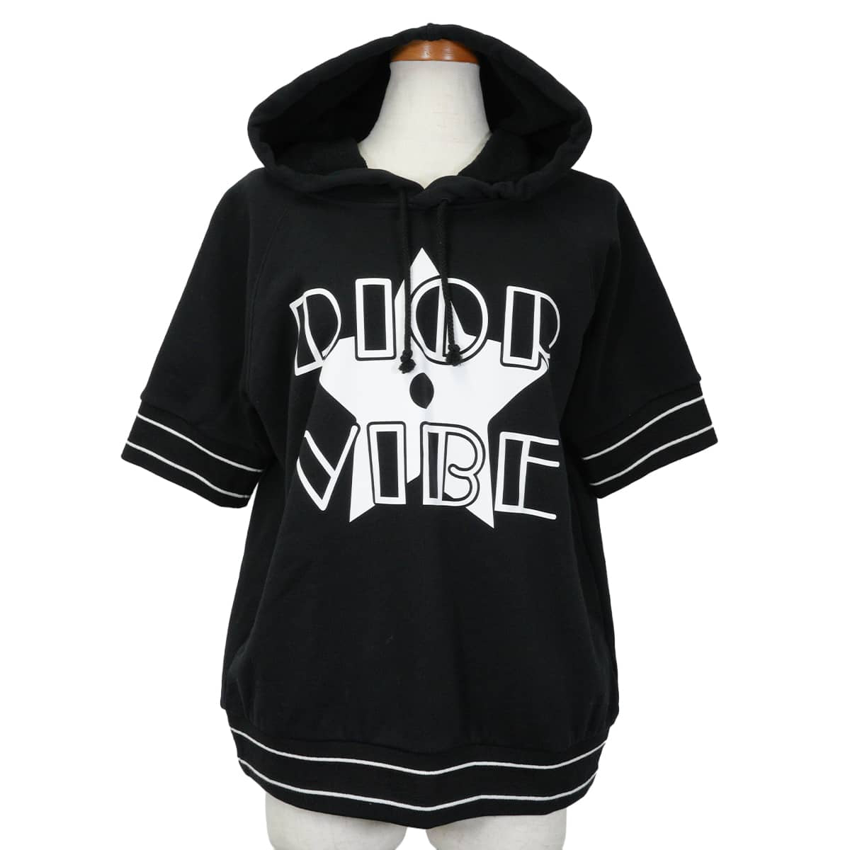 [Pre-loved] 2022 Cruise Collection Dior Hooded sweatshirt VIBE Hoodie Short Sleeve Noir (Black)/Blanc (White) Cotton #M 243S06A4063[LIKE NEW][Authentic]