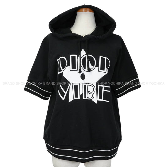 [Pre-loved] 2022 Cruise Collection Dior Hooded sweatshirt VIBE Hoodie Short Sleeve Noir (Black)/Blanc (White) Cotton #M 243S06A4063[LIKE NEW][Authentic]