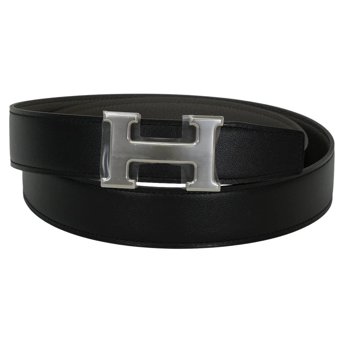HERMES belt H Constance 32 Reversible Noir (Black)/Etain Box Calf/Veau Togo Silver HW Stamp G[BRAND NEW][Authentic]