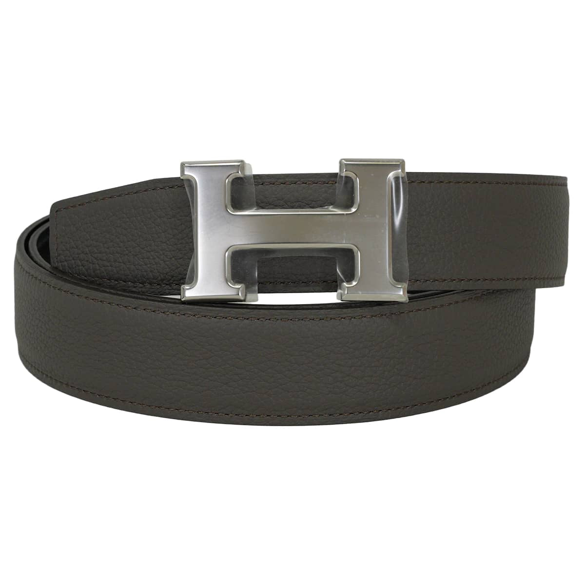 HERMES belt H Constance 32 Reversible Noir (Black)/Etain Box Calf/Veau Togo Silver HW Stamp G[BRAND NEW][Authentic]
