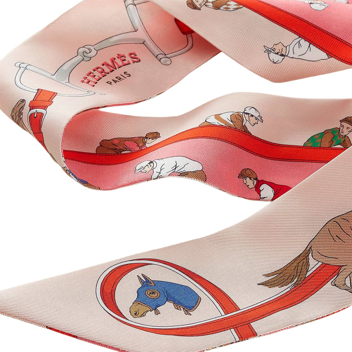HERMES scarf Twilly Turf Les CoursesRose Pale / Rouge / Blue Silk100% H061144S 09[BRAND NEW][Authentic]