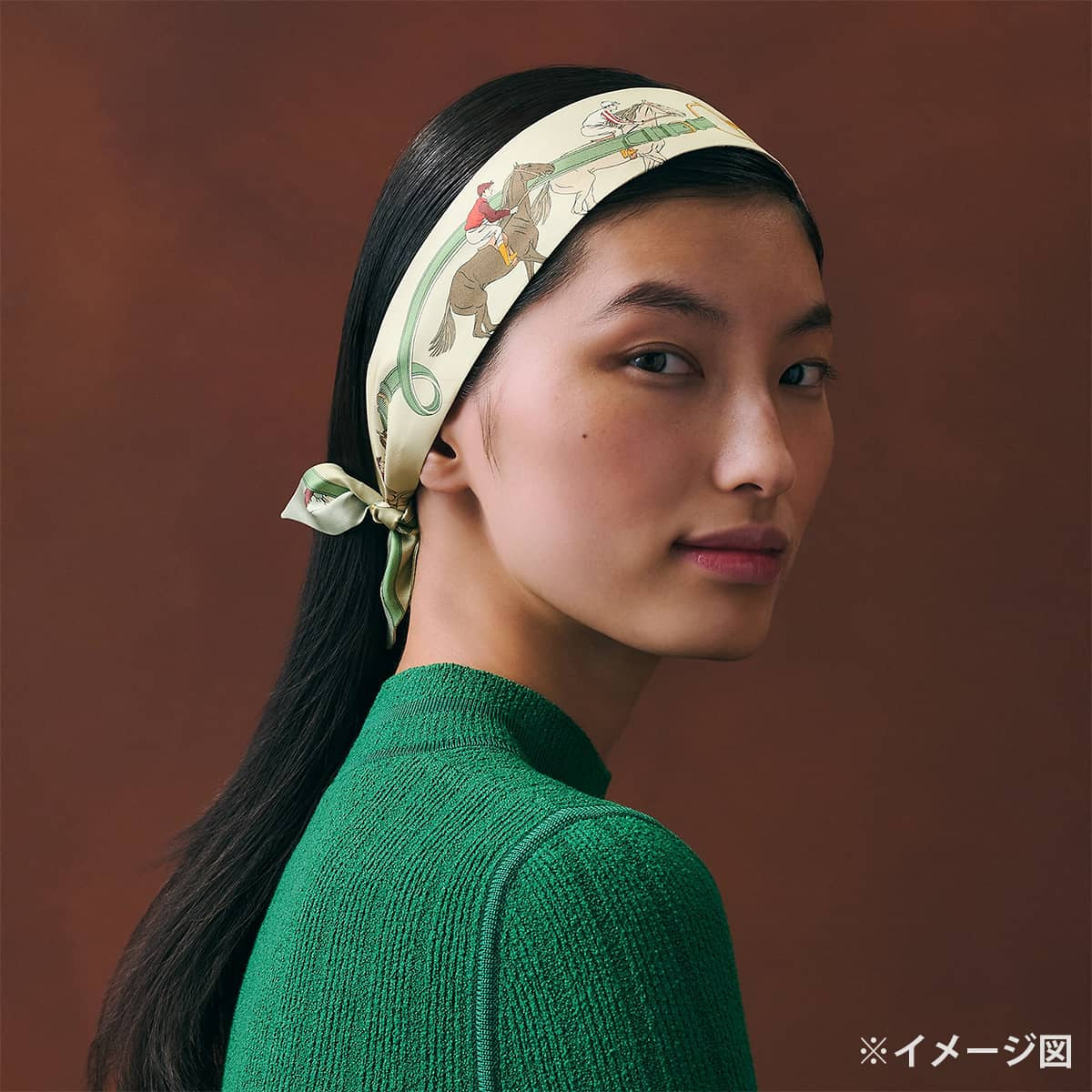 2026AW HERMES scarf Twilly Turf Les CoursesBeige Claire / Vert Amande / Brown Silk100% H061144S 03[BRAND NEW][Authentic]