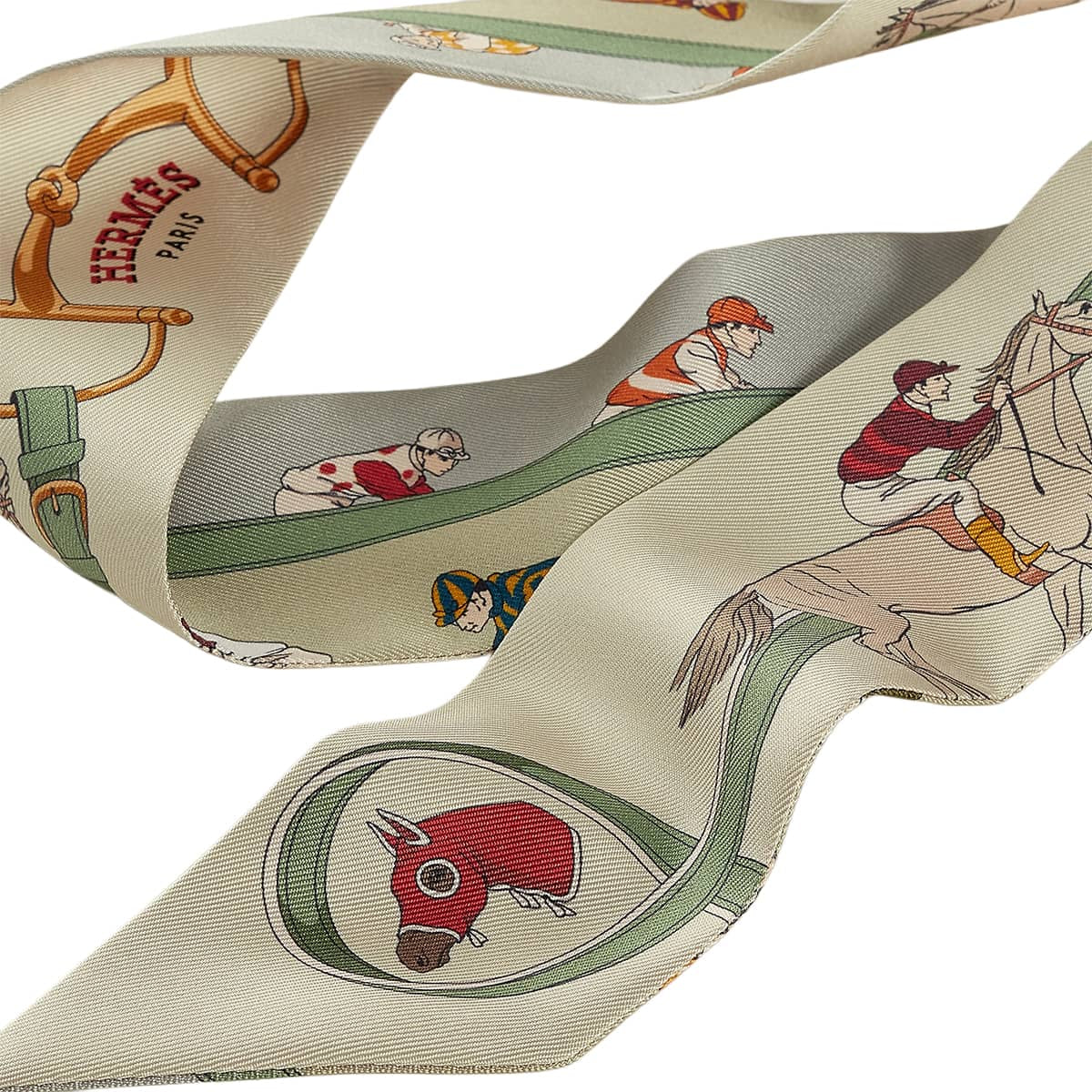 2026AW HERMES scarf Twilly Turf Les CoursesBeige Claire / Vert Amande / Brown Silk100% H061144S 03[BRAND NEW][Authentic]