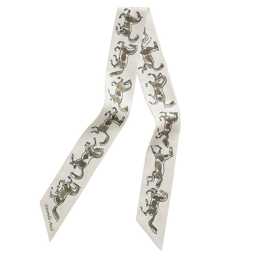HERMES scarf Twilly Horse of Freedom Blanc (White)/Vert de Gris/bronze Silk100%[BRAND NEW][Authentic]