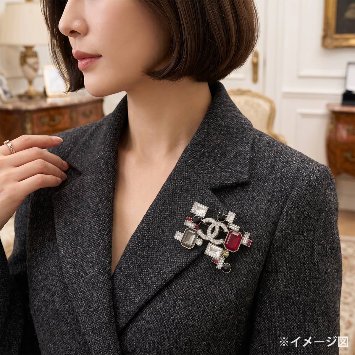 [Pre-loved] 05P 2005SS CHANEL broach Rhinestone COCO Mark Geometric Noir (Black)/Rouge Casaque/Rouge/Clear Metal/Resin Silver HW[LIKE NEW][Authentic]