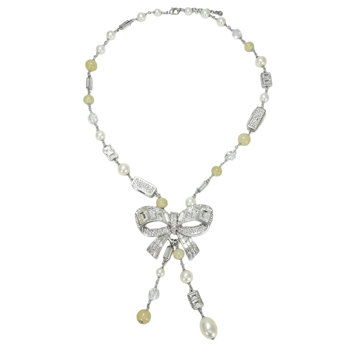 [Pre-loved] 08P 2008 Printemps Collection CHANEL necklace Big ribbon rhinestones COCO Mark pearls Strass Silver/Not Specified Fake Pearl/Rhinestone Silver HW[LIKE NEW][Authentic]