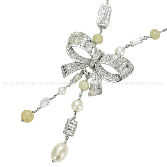 [Pre-loved] 08P 2008 Printemps Collection CHANEL necklace Big ribbon rhinestones COCO Mark pearls Strass Silver/Not Specified Fake Pearl/Rhinestone Silver HW[LIKE NEW][Authentic]