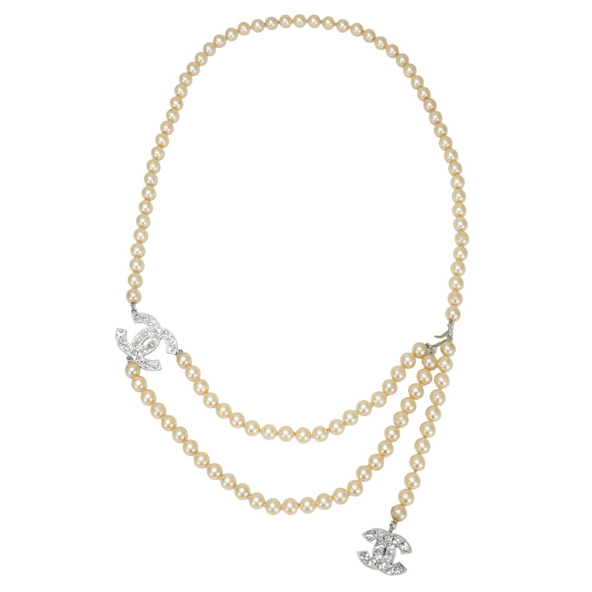 [Pre-loved] CHANEL necklace Belt Heart Rhinestone COCO Markoff white Fake Pearl Silver HW[USED A][Authentic]