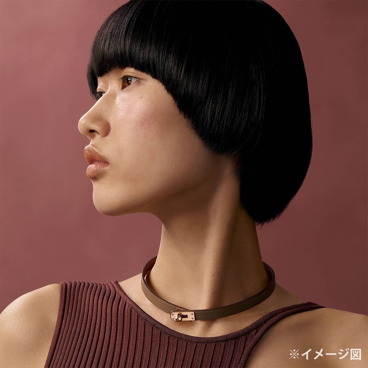 HERMES necklace Choker Mini Kelly Etoupe Veau Swift Rose Gold HW Stamp W[EXCELLENT][Authentic]