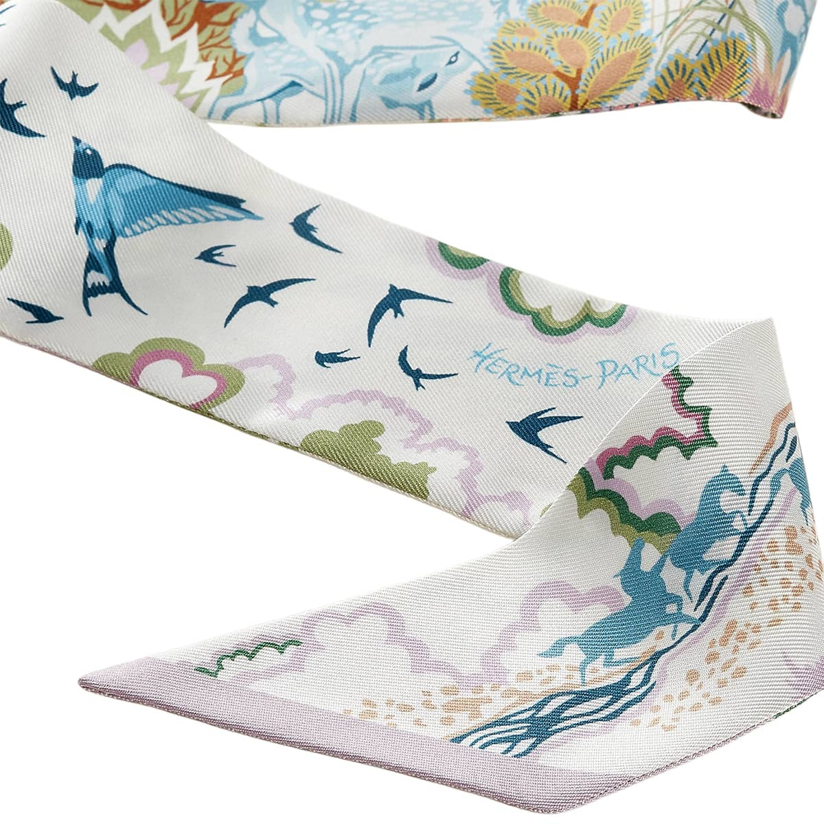 HERMES scarf Twilly Rewilding Nature Blanc (White)/Mauve/Veil Silk100% H064297S 02[BRAND NEW][Authentic]
