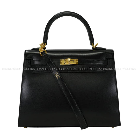 HERMES Shoulder bag Kelly25 Sellier Noir (Black) Box Calf Gold HW Stamp W[EXCELLENT][Authentic]