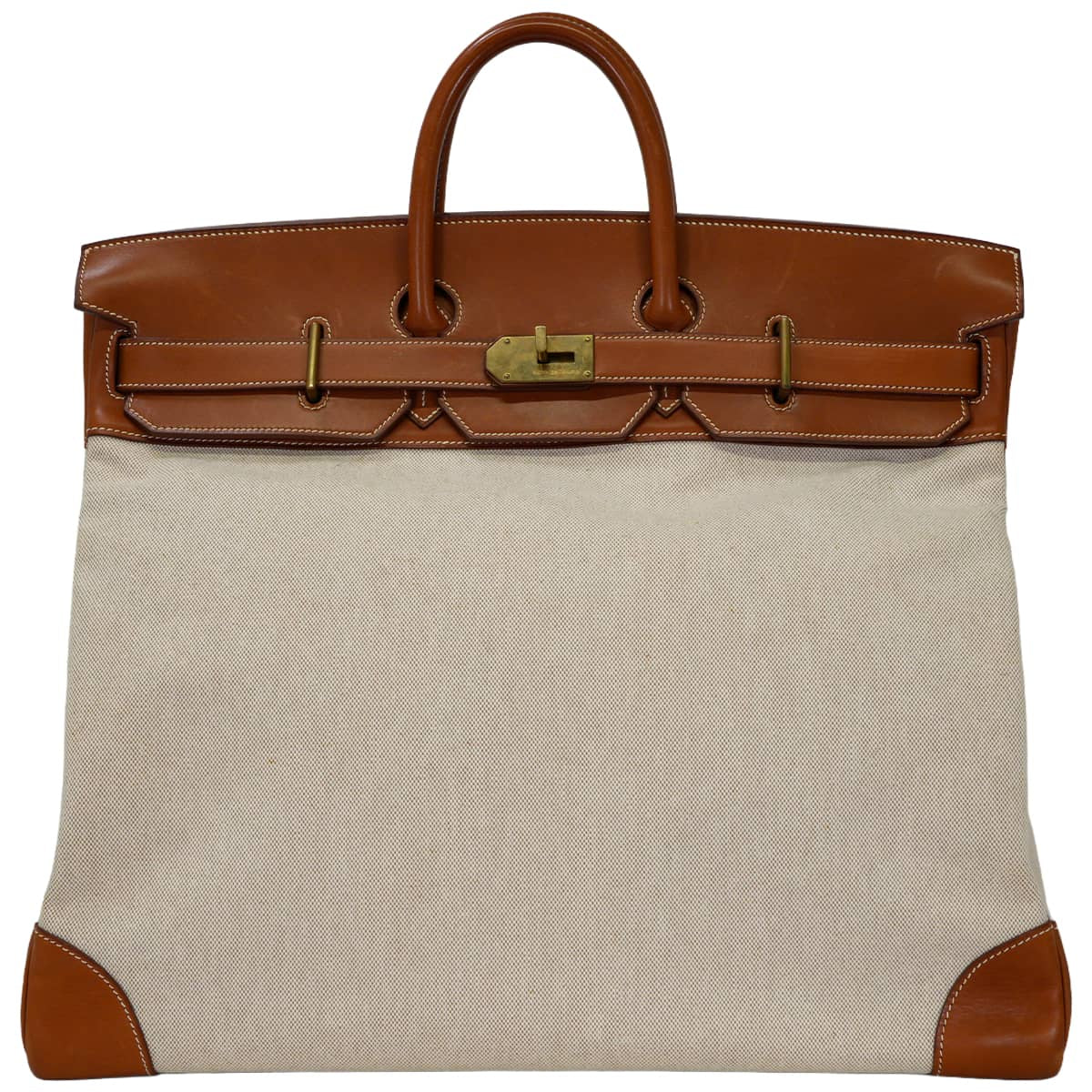 [Pre-loved] HERMES Handbag Haut a Courroies 50 Naturel/Fauve Toile H/Veau Barenia Gold HW Stamp □E[USED A][Authentic]