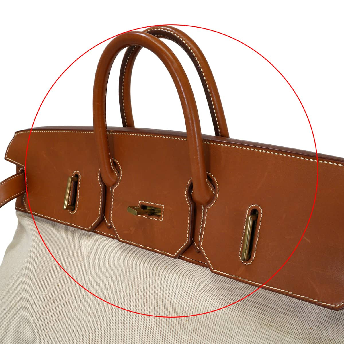 [Pre-loved] HERMES Handbag Haut a Courroies 50 Naturel/Fauve Toile H/Veau Barenia Gold HW Stamp □E[USED A][Authentic]
