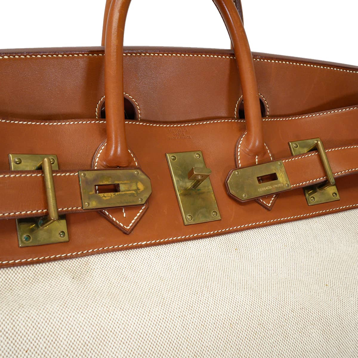 [Pre-loved] HERMES Handbag Haut a Courroies 50 Naturel/Fauve Toile H/Veau Barenia Gold HW Stamp □E[USED A][Authentic]