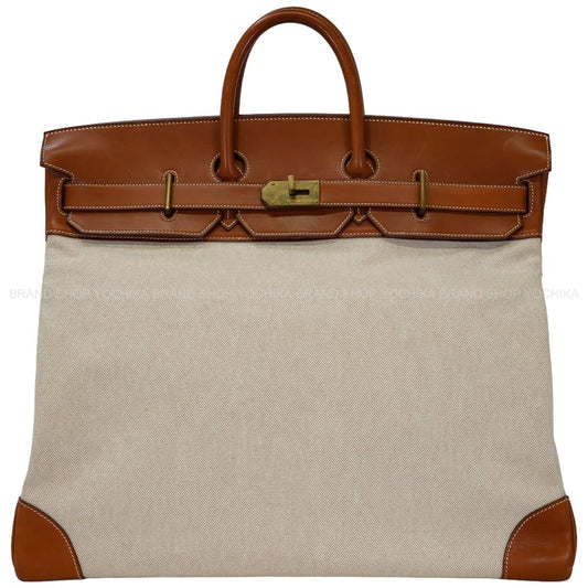 [Pre-loved] HERMES Handbag Haut a Courroies 50 Naturel/Fauve Toile H/Veau Barenia Gold HW Stamp □E[USED A][Authentic]