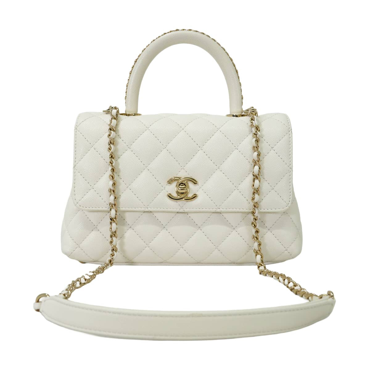 [Pre-loved] CHANEL Handbag Matelasse Coco Handle 24 XS Chain Top Handle Blanc (White) Graind Calf(Caviarskin) Champagne Gold HW A92990[LIKE NEW][Authentic]