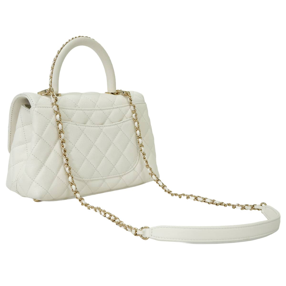 [Pre-loved] CHANEL Handbag Matelasse Coco Handle 24 XS Chain Top Handle Blanc (White) Graind Calf(Caviarskin) Champagne Gold HW A92990[LIKE NEW][Authentic]
