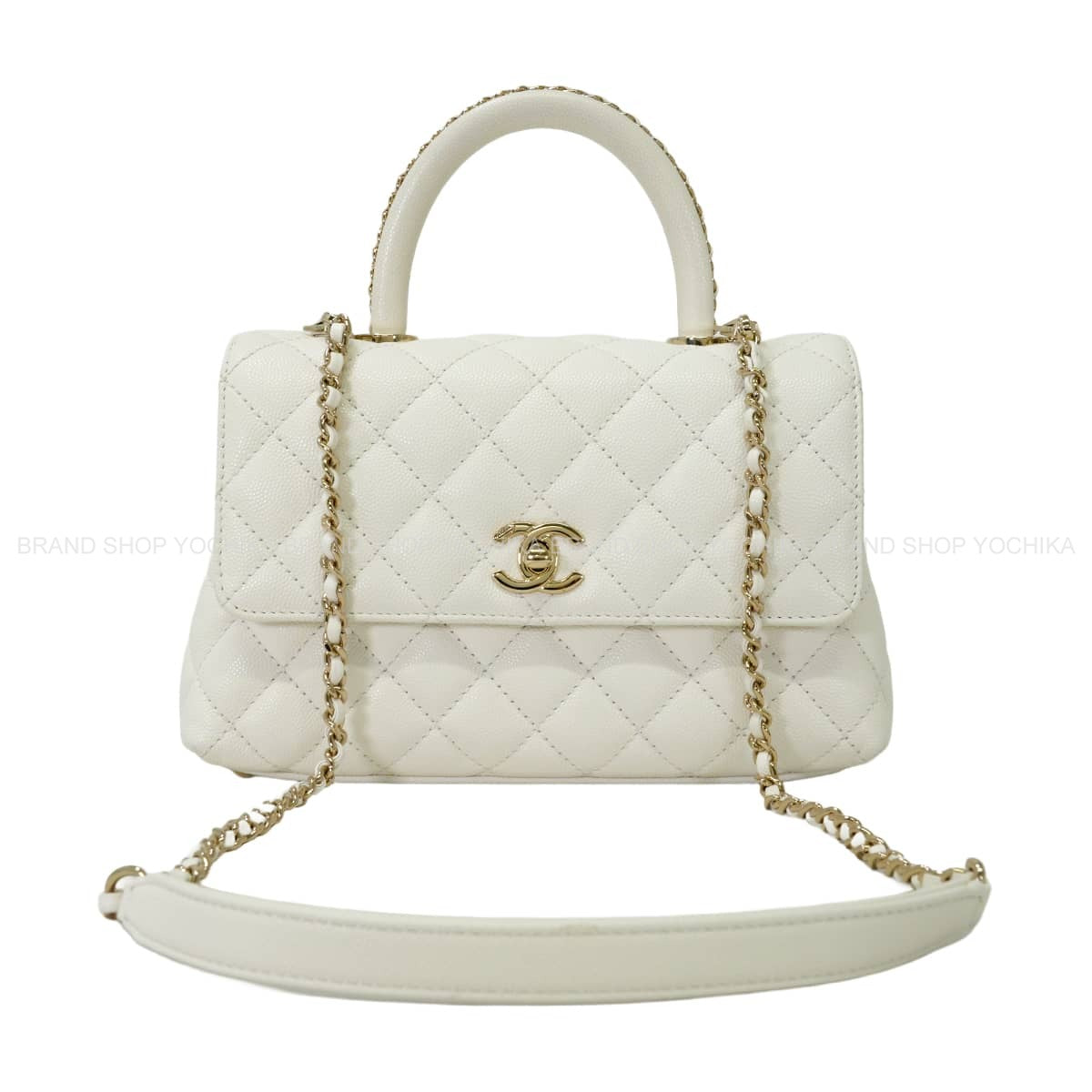 [Pre-loved] CHANEL Handbag Matelasse Coco Handle 24 XS Chain Top Handle Blanc (White) Graind Calf(Caviarskin) Champagne Gold HW A92990[LIKE NEW][Authentic]