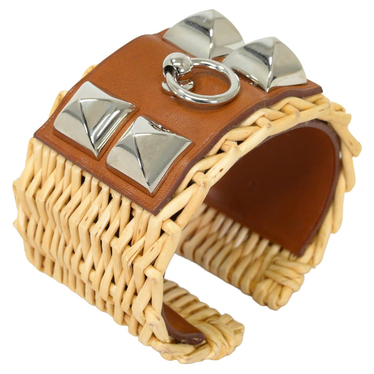 [Pre-loved] HERMES bracelet Collier de Chien Medor Picnic Bangle Fauve Veau Barenia Rattan Silver HW Stamp X[LIKE NEW][Authentic]