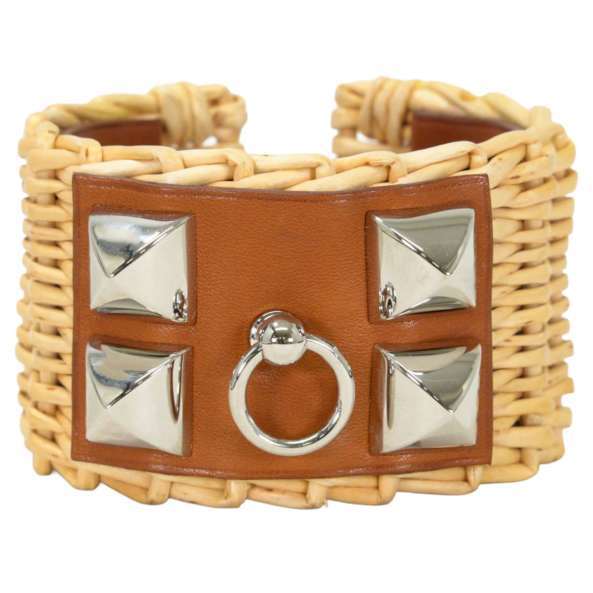 [Pre-loved] HERMES bracelet Collier de Chien Medor Picnic Bangle Fauve Veau Barenia Rattan Silver HW Stamp X[LIKE NEW][Authentic]