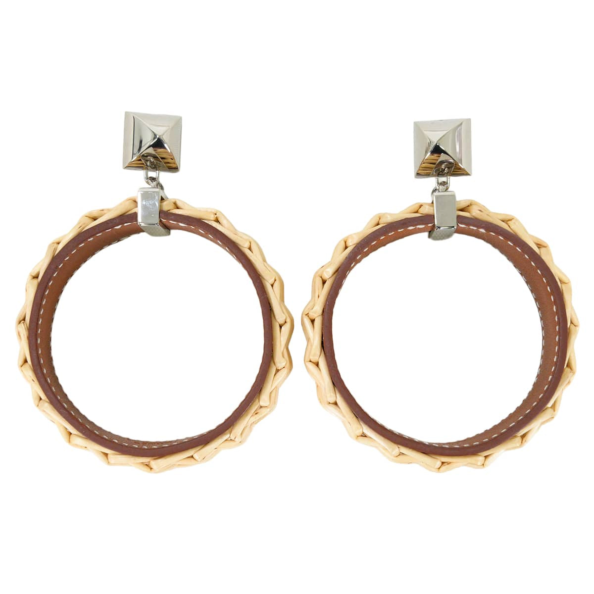 HERMES pierced earring Collier de Chien Medor Picnic GM Fauve Veau Barenia Rattan Silver HW[EXCELLENT][Authentic]