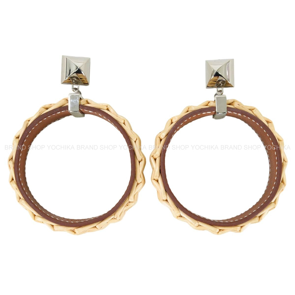 HERMES pierced earring Collier de Chien Medor Picnic GM Fauve Veau Barenia Rattan Silver HW[EXCELLENT][Authentic]