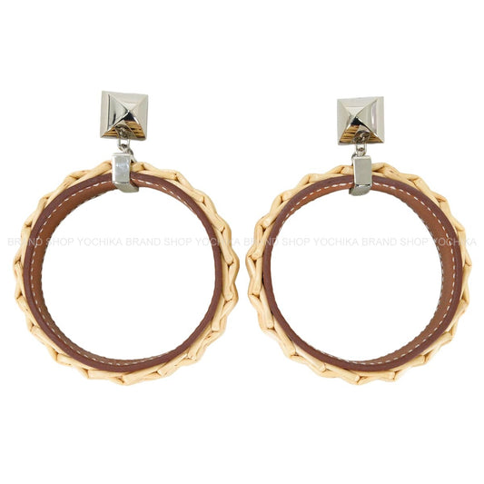 HERMES pierced earring Collier de Chien Medor Picnic GM Fauve Veau Barenia Rattan Silver HW[EXCELLENT][Authentic]