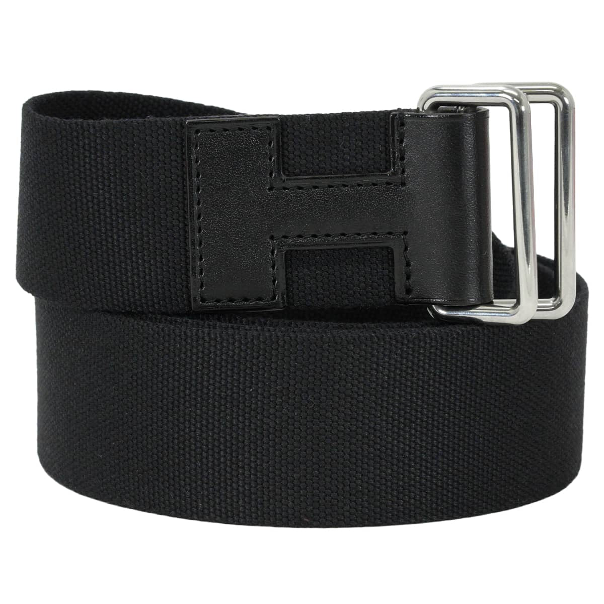HERMES belt Nomade 40 Noir (Black) Toile H/Vache Hunter #L Silver HW Stamp Z[EXCELLENT][Authentic]