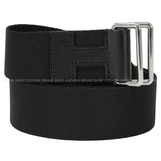 HERMES belt Nomade 40 Noir (Black) Toile H/Vache Hunter #L Silver HW Stamp Z[EXCELLENT][Authentic]