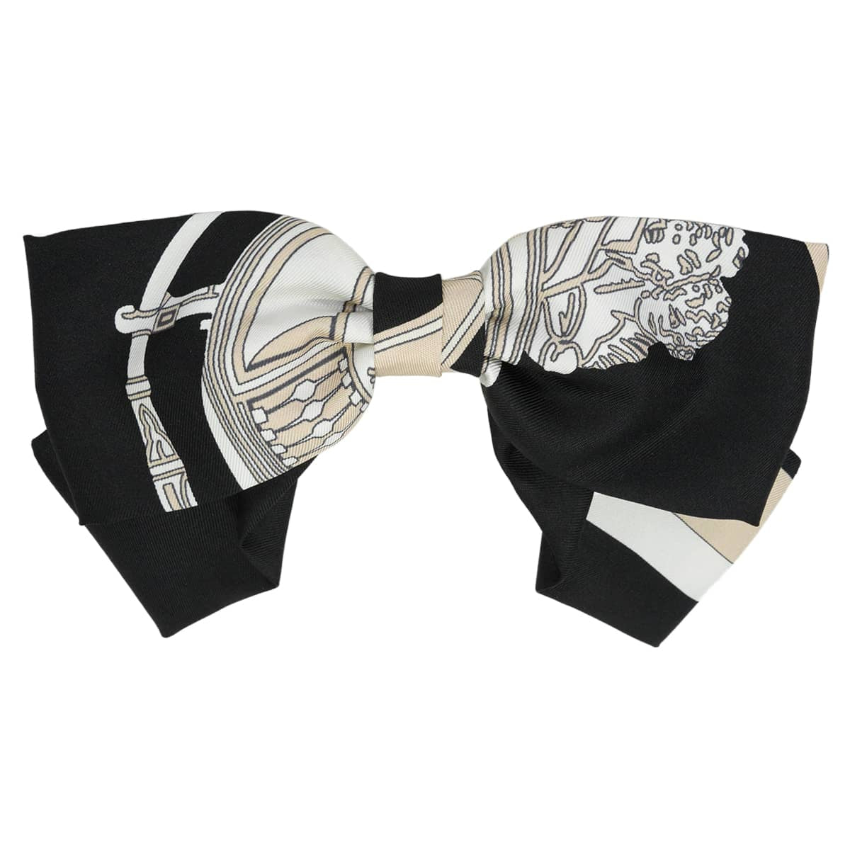 HERMES barretter Hair clip Grenelle PM Ex-Libris Noir (Black)/Blanc (White)/Beige Silk100% Silver HW[EXCELLENT][Authentic]