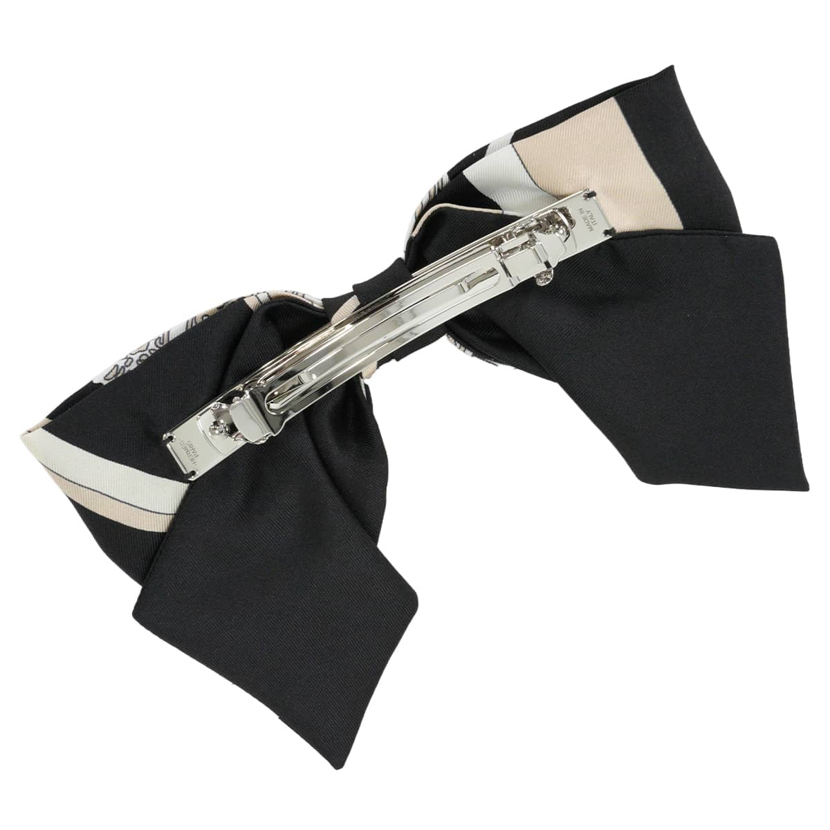 HERMES barretter Hair clip Grenelle PM Ex-Libris Noir (Black)/Blanc (White)/Beige Silk100% Silver HW[EXCELLENT][Authentic]