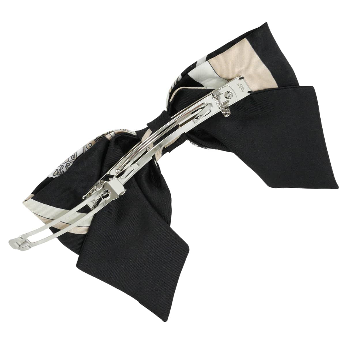 HERMES barretter Hair clip Grenelle PM Ex-Libris Noir (Black)/Blanc (White)/Beige Silk100% Silver HW[EXCELLENT][Authentic]