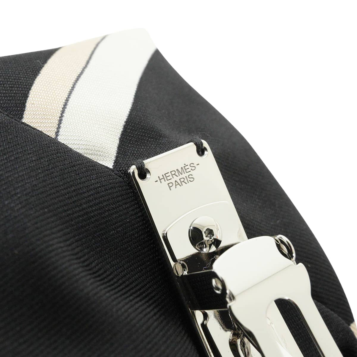 HERMES barretter Hair clip Grenelle PM Ex-Libris Noir (Black)/Blanc (White)/Beige Silk100% Silver HW[EXCELLENT][Authentic]