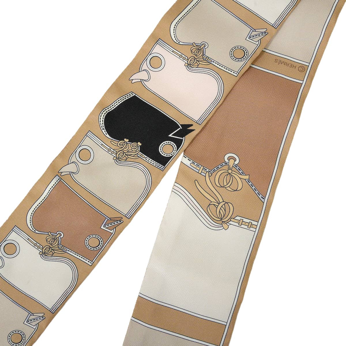 2019SS HERMES scarf Twilly Camails Beige/Noir (Black)/Rose pale Silk100% H063358S 11[EXCELLENT][Authentic]