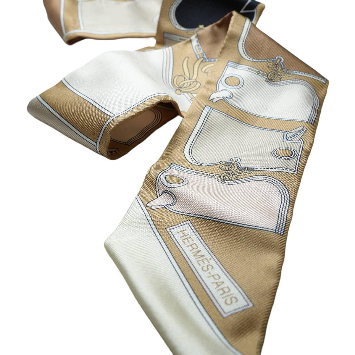 2019SS HERMES scarf Twilly Camails Beige/Noir (Black)/Rose pale Silk100% H063358S 11[EXCELLENT][Authentic]