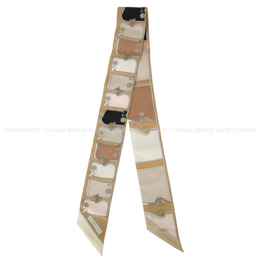 2019SS HERMES scarf Twilly Camails Beige/Noir (Black)/Rose pale Silk100% H063358S 11[EXCELLENT][Authentic]