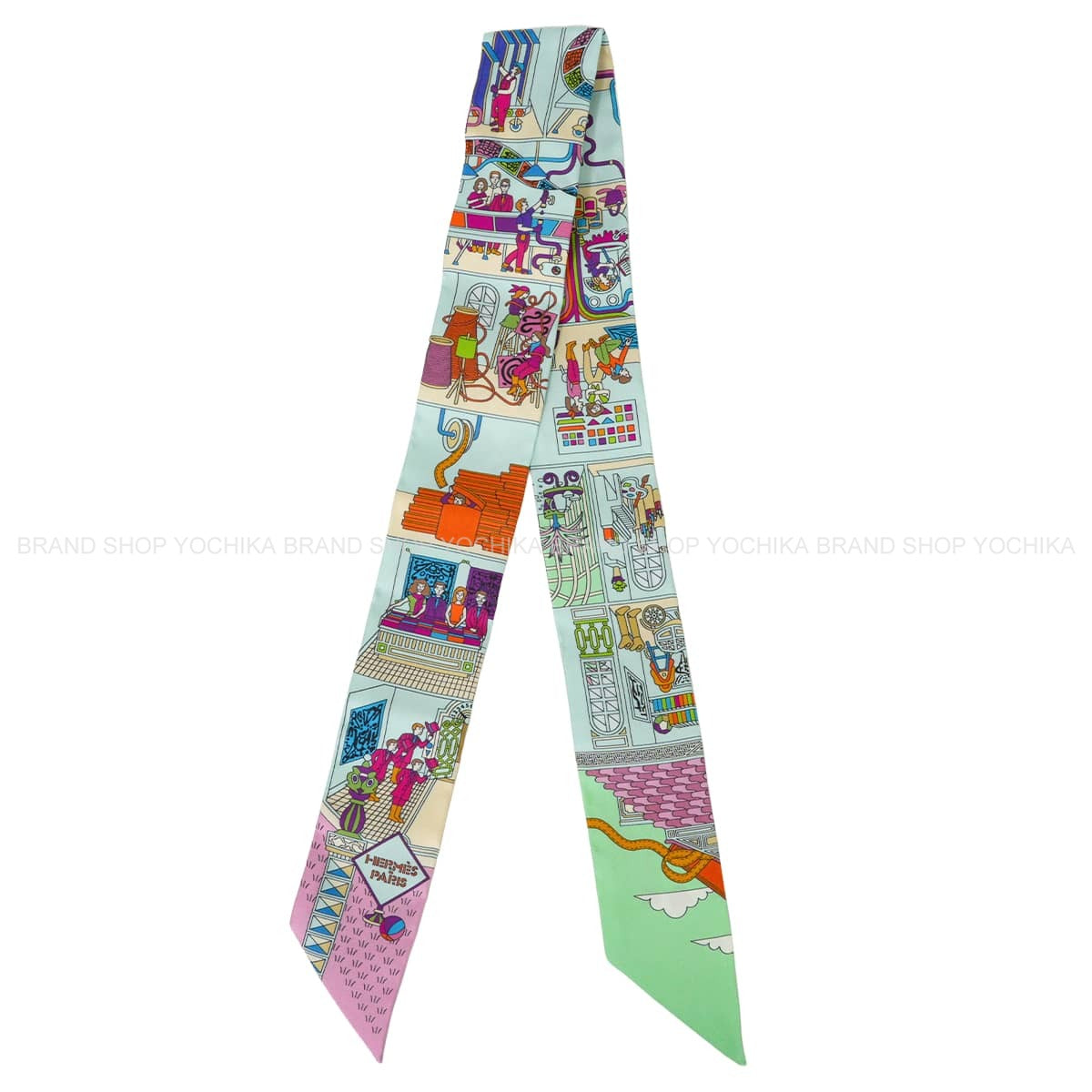 2016SS HERMES scarf Twilly La Maison de Carres Aqua/Vert d'eau/Rose Silk100% H062941S 12[EXCELLENT][Authentic]